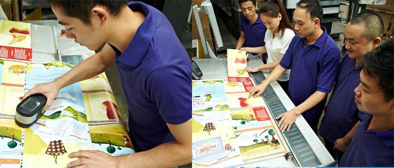 Bosib chiqarish paytida rangni tekshirish prepress namuna yoki sizning namunangiz bilan bir xil rangda ekanligini tekshiring.